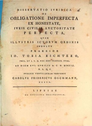 Dissertatio Ivridica De Obligatione Imperfecta Ex Honestate, Ivris Civilis Avctoritate Perfecta