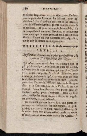 Article V. Application de quelques règles particulières à la conduite & a l'intérieur des Classes.