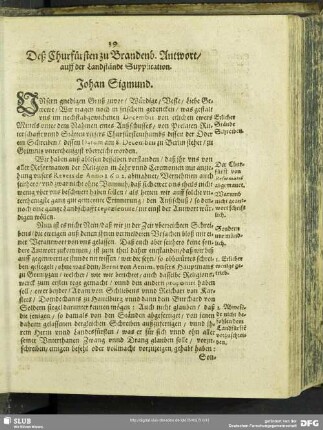 Deß Churfürsten zu Brandenb. Antwort, auff der Landstände Supplication