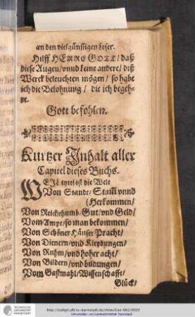 Kurtzer Inhalt aller Capitel dieses Buchs