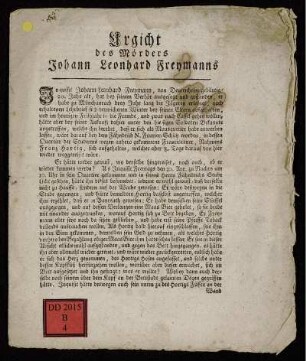 Urgicht des Mörders Johann Leonhard Freymanns