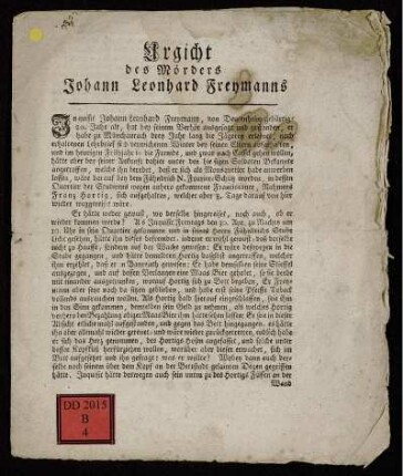 Urgicht des Mörders Johann Leonhard Freymanns