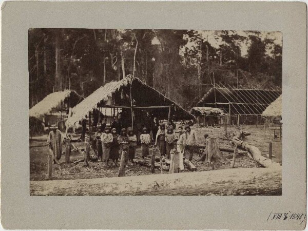 Men and women of the Piro building huts