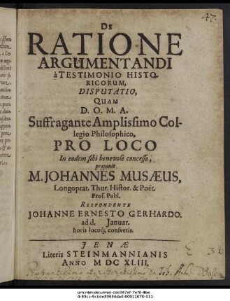 De Ratione Argumentandi a Testimonio Historicorum, Disputatio