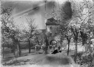 Frohburg, Florian-Geyer-Straße 4/6. Rittergut (18./19. Jh.). Torhaus (Taubenturm). Feldseite mit Ochsengespann