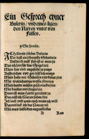 Ein Gesprech eyner Bulerin/ und eines ligenden Narren unter iren Füssen.