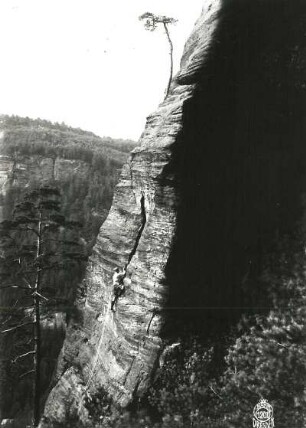 Böhmische Schweiz, Elbtal - Rechtes Ufer (Labské údolí - Pravý břeh). Wotanskegel (Vojtěch). Seilschaft Klemm am kurzen Riß unter dem 1. Ring des Alten Weges (VI)