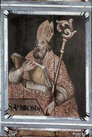 Maria, Christus, Engel und Heilige zwischen Ornamentfeldern