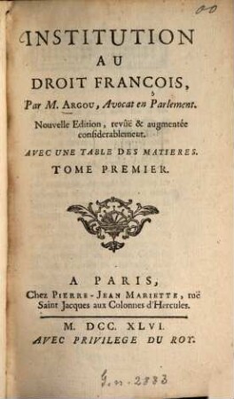 Institution Au Droit François. 1. 1746