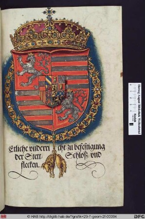 Titelseite Teil 3 mit handkolorierten Wappen.