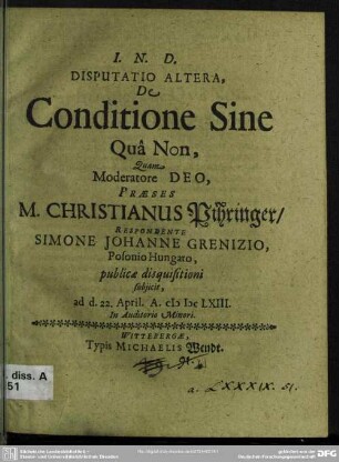 2: Disputatio ex metaphysicis de conditione sine qua non