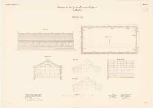 Kaserne des Garde-Kürassier-Regiments und des Königin-Augusta-Garde-Grenadier-Regiments Nr. 4, Berlin: Königin-Augusta-Garde-Grenadier-Regiments Nr. 4, Reitbahn I und III: Grundriss Erdgeschoss, Querschnitt, Längsschnitt, Ostansicht, Westansicht, Giebelansicht 1:100
