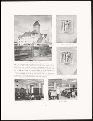 Feuerwache am Schillerpark, Berlin: Rückansicht, Innenansichten Wagenhalle, Tagesraum, Details (aus: Neubauten der Stadt Berlin, Bd. XI, 1912)