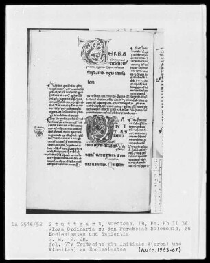 Bibliorum libri Proverbiorum, Ecclesiastes, Sapientiae cum Glossa ordinaria — Initialen V(erba) und V(anitas), Folio 67verso