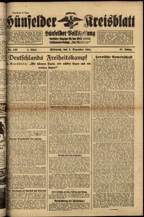 Erste Ausgabe vom Mittwoch, den 03. Dezember 1941.