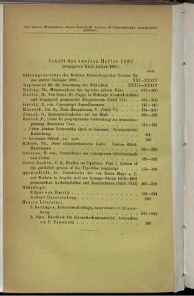 Inhalt des zweiten Heftes 1886