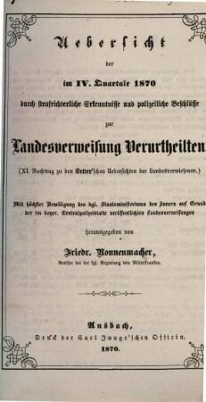 Übersicht der durch strafrichterliche Erkenntnisse und polizeiliche Beschlüsse zur Landesverweisung Verurtheilten. 1870, Quartal 4 = Nachtr. 11