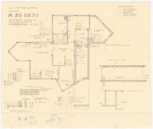 Schmitz-Häuser, Biberach/Riss Wohnhaus Werner Schmitz: Rohrführung der Heizung und der sanitären Anlagen im Untergeschoss: Grundriss 1:50, Schnitt A-A, B-B 1:50, Deckendetail 1:10