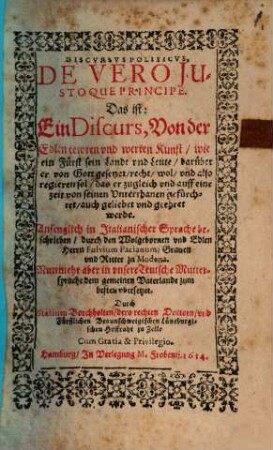 Discursus politicus de vero iustoque Principe