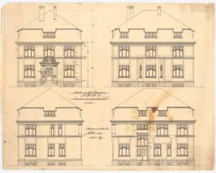 Pfarrhaus (und Entwurf für eine Kirche), Bochum-Hordel: Ansichten aller Seiten des Pfarrhauses 1:50