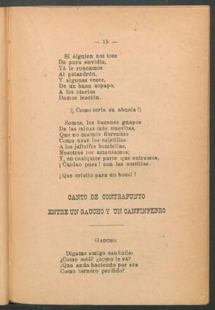 Canto de contrapunto entre un gaucho y un canfinflero