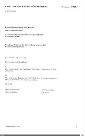Gesetzentwurf der FDP zur Gemeindeordnung