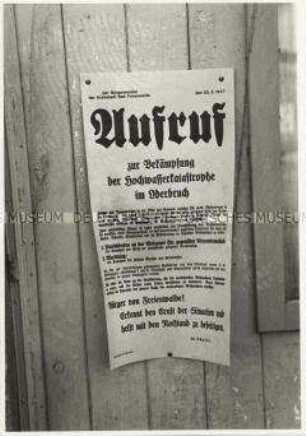 Überschwemmung in Wriezen: Plakat mit einem "Aufruf zur Bekämpfung der Hochwassers im Oderbruch"