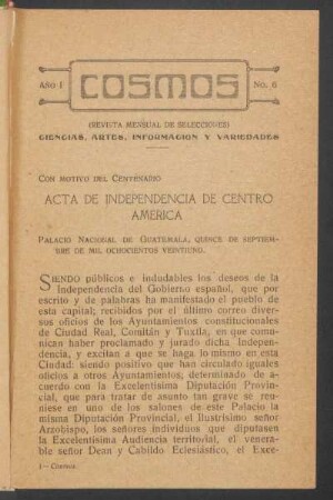 Acta de Independencia de Centro América : Con motivo del centenario. - Palacio Nacional de Guatemala, quince de septiembre de mil ochocientos veintetiuno.