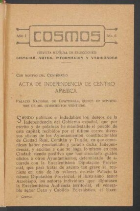 Acta de Independencia de Centro América : Con motivo del centenario. - Palacio Nacional de Guatemala, quince de septiembre de mil ochocientos veintetiuno.