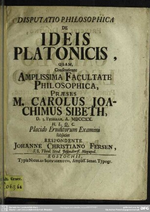Disputatio Philosophica De Ideis Platonicis