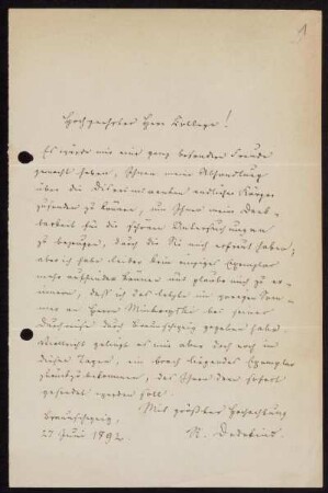 Nr. 1: Brief von Richard Dedekind an David Hilbert, Braunschweig, 27.6.1892