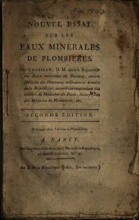 Nouvel essai sur les eaux minérales de Plombières