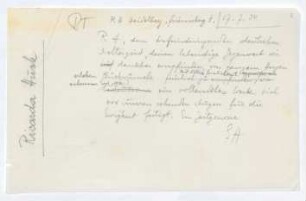 Brief von Gerhart Hauptmann an Ricarda Huch