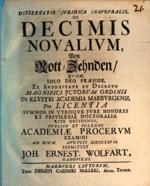Dissertatio iuridica inauguralis de decimis novalium, Von Rott-Zehnden