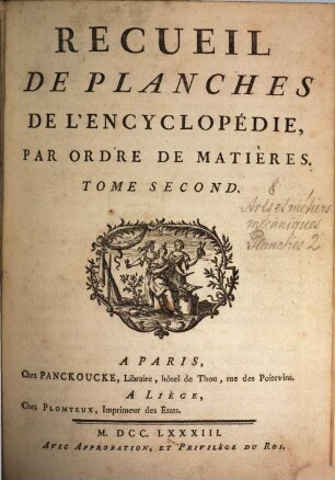 Encyclopédie Méthodique, Ou Par Ordre De Matieres : Par Une Société De Gens De Lettres, De Savants Et D'Artistes ; Précédée d'un Vocabulaire universel, servant de Table pour tout l'Ouvrage, ornée des Portraits de MM. Diderot et D'Alembert, premiers Éditeurs de l'Encyclopédie, [8,a],2. Recueil De Planches De L'Encyclopédie, Par Ordre De Matières ; T. 2 : [Arts et métiers mécaniques]