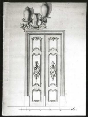 Entwurf für eine Tür mit Konsolen für diverse Porzellane : Entwurf für eine Tür mit Konsolen für diverse Porzellane. Aufriß. Blatt 7. Feder, Tusche, farbig laviert; 26,9 x 36,8 cm (Blattgröße). Aus: Desseins de cheminees. portes, cabinets ..., 1850. Verwalter: Sächsische Landesbibliothek - Staats- und Universitätsbibliothek Dresden (SLUB) Archit.261