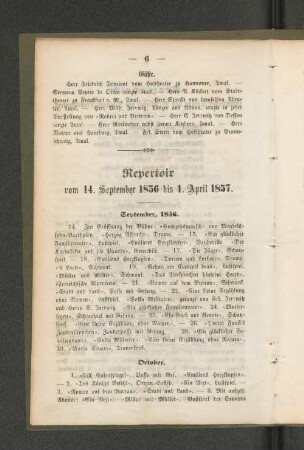 Repertoir vom 14. September 1856 bis 1. April 1857.