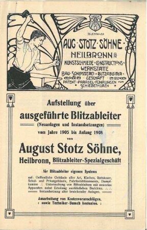 Aufstellung über ausgeführte Blitzableiter von August Stotz Söhne von 1905 bis Anfang 1908