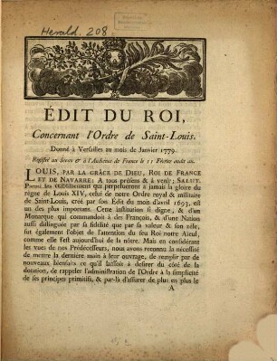 Édit du Roi, Concernant l'Ordre de Saint-Louis