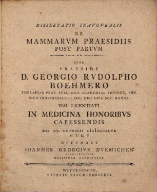 Diss. inaug. de mammarum praesidiis post partum