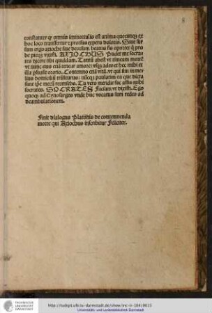 Finit dialogus Platonis de contemnenda morte qui Axiochus inscribitur feliciter.