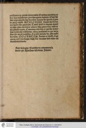 Finit dialogus Platonis de contemnenda morte qui Axiochus inscribitur feliciter.
