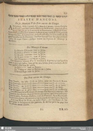 Traité D'Ancone. De ses Monnoyes & des Prix courans des Chaages
