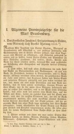 I. Allgemeine Provinzialgesetze für die Mark Brandenburg