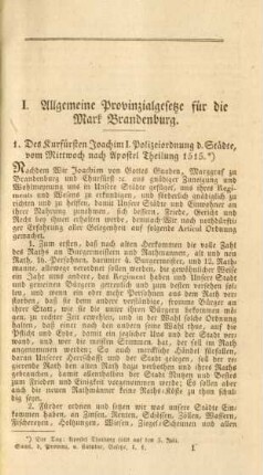 I. Allgemeine Provinzialgesetze für die Mark Brandenburg