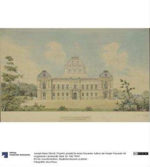 Projekt Landsitz für einen Souverän, Aufriss der Haupt- Fassade mit umgebener Landschaft