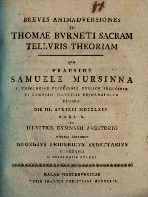 Breves animadversiones in Thomae Burneti Sacram telluris theoriam