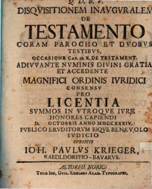 Disqvisitionem inavgvralem de testamento coram parocho et dvobvs testibvs