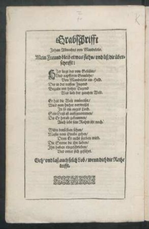Grabschrifft Johan Albrechts von Mandelslo.