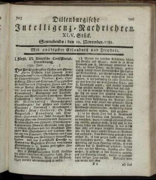 XLV. Stück. Sonnabends: den 10. November 1781.